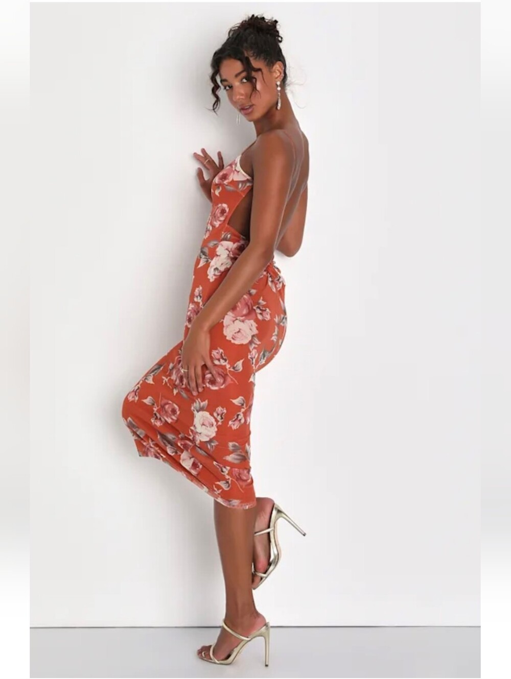 Lulu's Rust Orange Slip Dress with Floral Botanical Print - Picture 4 of 6